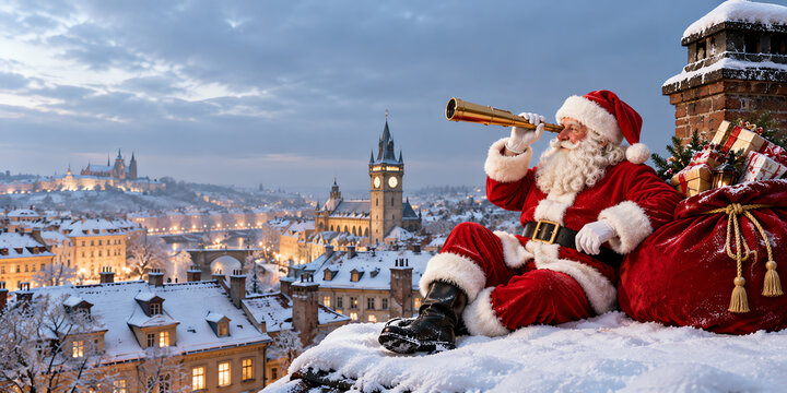 Santa Claus sits on a snowy rooftop, gazing through a golden telescope at a picturesque, snow-covered city skyline twinkling with lights, preparing for his festive journey