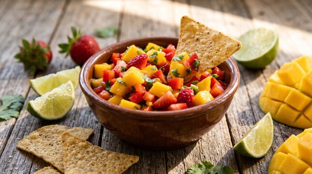 Vibrant fruit salsa made with diced mangoes and fresh strawberries served in a rustic bowl with crisp tortilla chips and lime wedges.