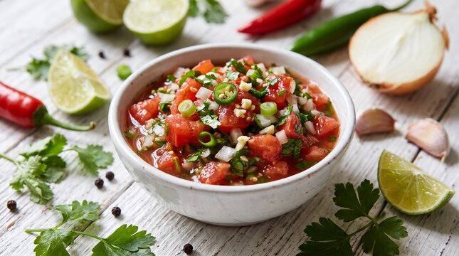 Fresh homemade pico de gallo salsa in a white bowl surrounded by lime wedges, cilantro, chili peppers, and garlic on a wooden table.   