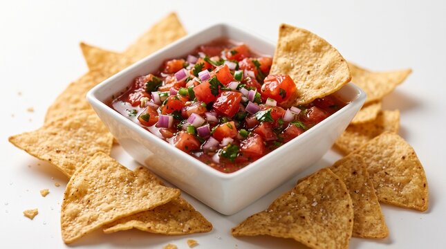 Fresh tomato salsa in a white square bowl, surrounded by crispy salted corn tortilla chips on a clean white background.