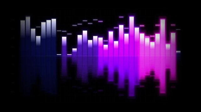 Purple and blue digital audio equalizer bars dancing in a seamless loop.