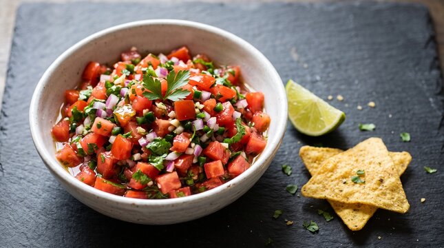Fresh pico de gallo salsa in a ceramic bowl served on slate with crunchy tortilla chips and lime wedges.