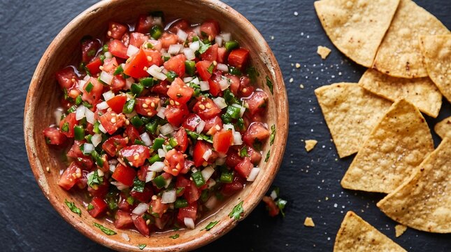 A bowl of fresh Mexican pico de gallo salsa served alongside crispy tortilla chips on a dark slate background.