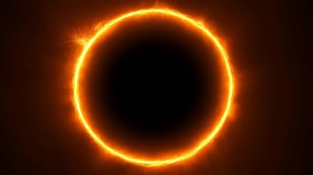 Fiery eclipse ring surrounds a dark circular silhouette against a deep space background