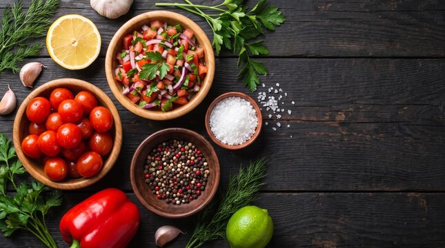Fresh salsa pico de gallo served in a bowl surrounded by fresh tomatoes, peppers, citrus, herbs, and spices on a dark wooden background.
