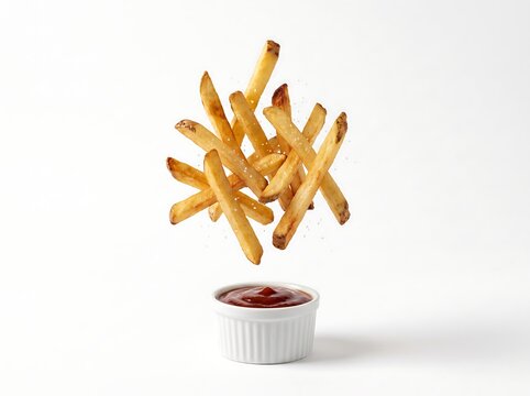 Floating Golden Potato Fries Above a White Ceramic Ramekin of Tomato Ketchup on White Background