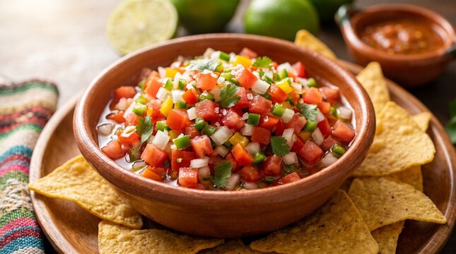 A rustic terracotta bowl filled with vibrant pico de gallo salsa, surrounded by crunchy tortilla chips, limes, and traditional Mexican table decor. 