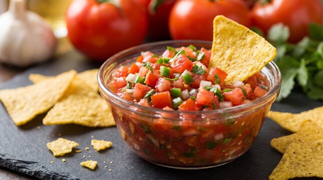 Fresh chunky tomato salsa in a glass bowl served with crispy corn tortilla chips, cilantro, garlic, and fresh red tomatoes on a slate board. 