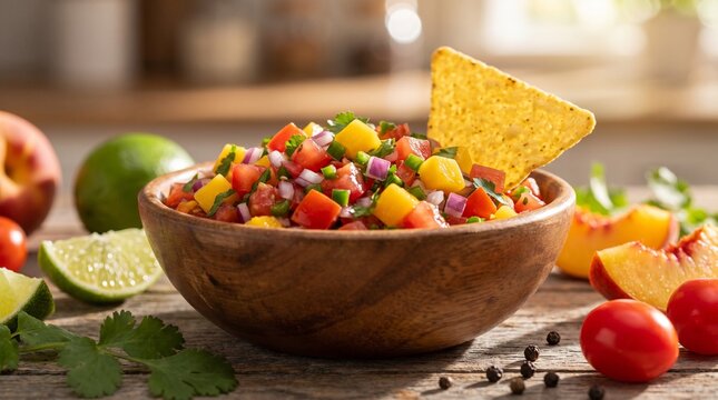 Fresh chunky mango salsa served in a rustic wooden bowl with crispy tortilla chips, lime wedges, tomatoes, and peaches on a warm wooden tabletop.