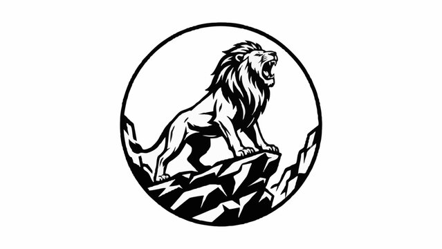 Black and white vector illustration of a powerful male lion roaring while standing on a jagged rock peak inside a circular frame, suitable for mascot logos and emblem designs.