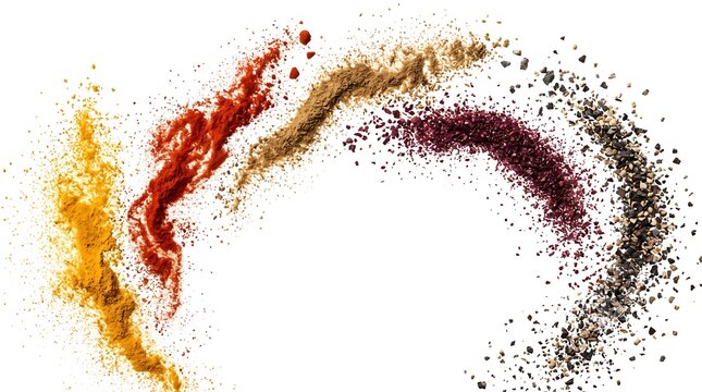 Floating Turmeric, Paprika, Cumin, Sumac, and Cracked Pepper Powder Trails on White Background