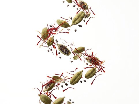Floating Saffron Threads and Green Cardamom Pods in an Elegant Spiral on White Background