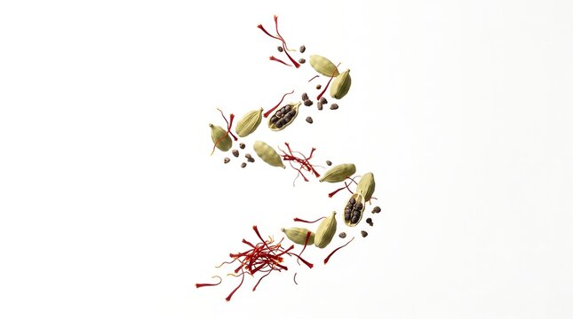Floating Saffron Threads and Green Cardamom Pods in an Elegant Spiral on White Background