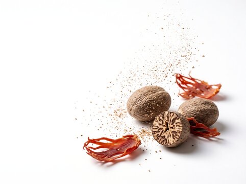 Floating Whole Nutmeg, Halved Nutmeg, Red Mace Blades, and Ground Spice on White Background