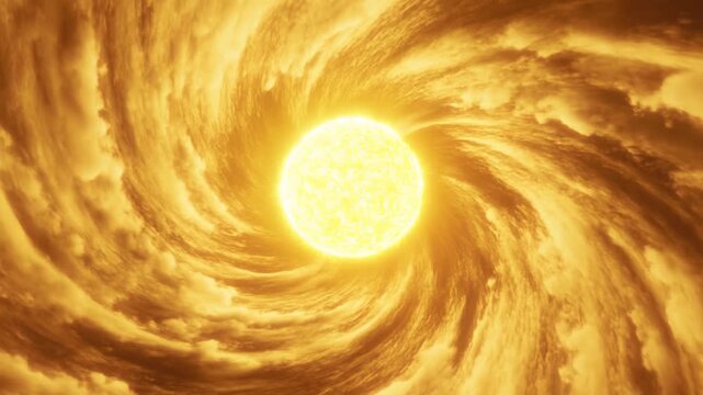 Glowing golden star with textured surface and orange haze in dark outer space