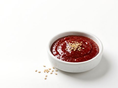 Glossy Red Gochujang Dipping Sauce with Sesame Seeds in a White Ceramic Dish