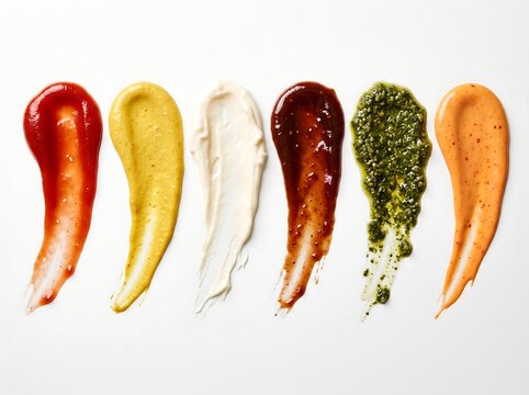 Six Colorful Sauce Swatches Including Ketchup, Mustard, Mayonnaise, BBQ, Pesto, and Spicy Mayo on White Background