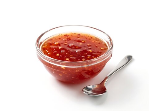 Ruby Red Sweet Chili Sauce with Visible Chili Flakes and Garlic in a Glass Bowl