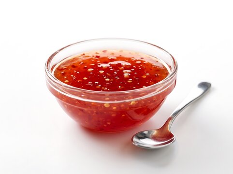 Ruby Red Sweet Chili Sauce with Visible Chili Flakes and Garlic in a Glass Bowl