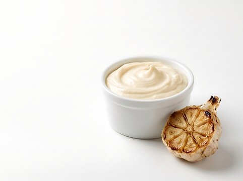 Creamy Garlic Aioli in a White Ramekin with Roasted Garlic on White Background