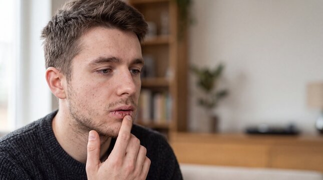 Young man suffering from dry chapped lips touching sore mouth