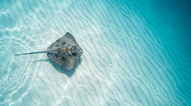 Stingray swimming over sandy seabed in crystal clear turquoise water
