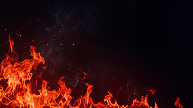 Red and orange fire flames with sparks on black background