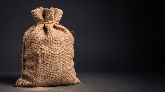 Tied burlap sack leaking grain against a dark background