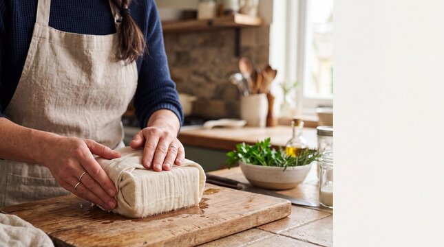 Woman pressing homemade tofu wrapped in linen cloth on wooden board