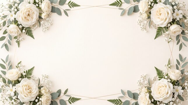 White roses and greenery forming an elegant floral border frame