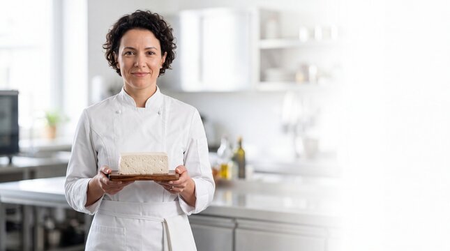 Female chef presents fresh organic tofu in a bright modern kitchen