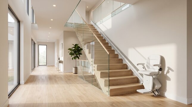 Stairlift Installed On Modern Wooden Staircase In Luxury House Mobility Equipment