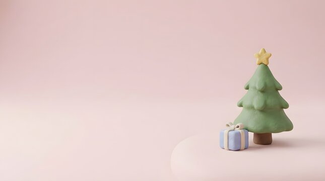 A minimalist christmas scene featuring a small decorated tree and presents against a soft pastel pink background evoking feelings of warmth and quiet