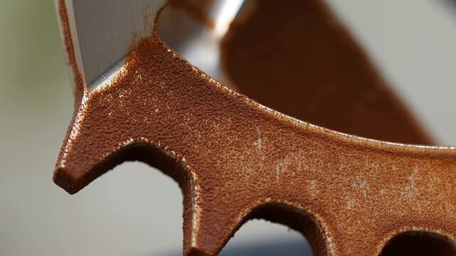 Brushed metal part with rust spot on sharp corner, closeup of machined steel edge