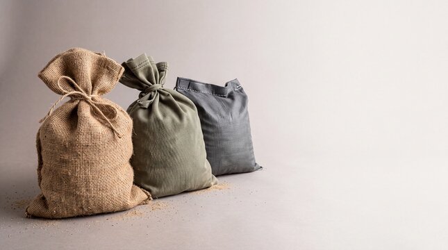 Three textile sacks filled with grains on a neutral background