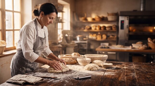 Professional baker kneading dough on a rustic wooden table