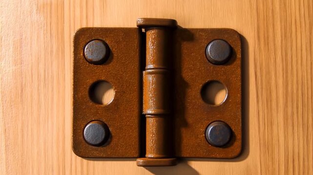 Black metal door hinge on a wooden surface with rust and empty mounting holes