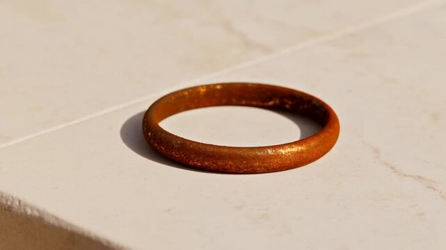 Brushed silver wedding band resting on sunlit beige stone surface in soft shadow