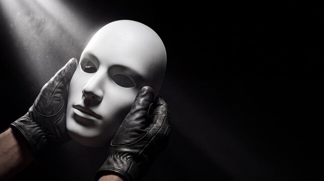 Gloved hands holding a white expressionless mask in dramatic light