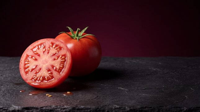 Sliced juicy tomato and whole red tomato on dark slate table