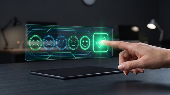 Customer satisfaction rating hologram with hand selecting checkmark on tablet for user experience survey, client sentiment review, service quality evaluation benchmark, and consumer loyalty score.