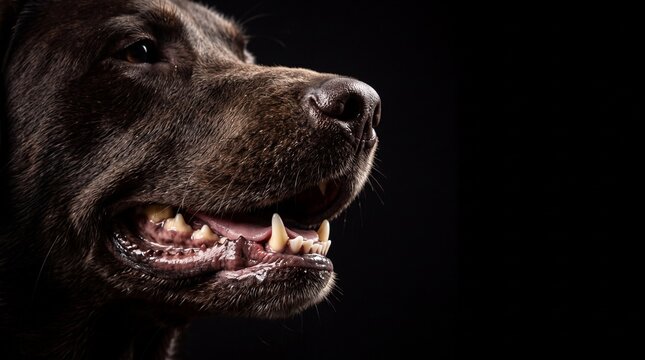 Dramatic side profile of a chocolate labrador retriever on black