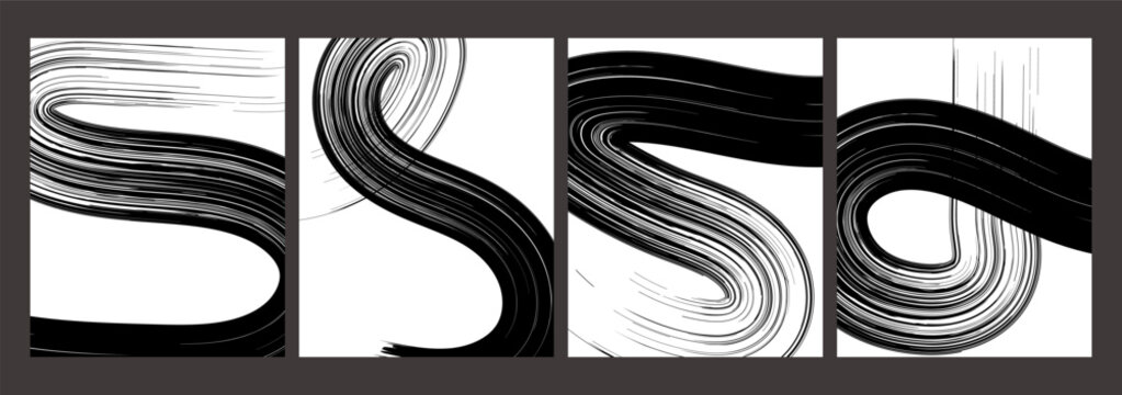 Four Abstract Black and White Brush Stroke Posters with Flowing Curved Lines, Swirling Ink Waves and Dynamic Geometric Patterns, Concept of Minimalist Art, Movement and Modern Design