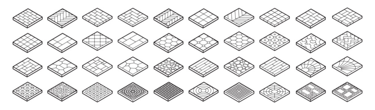 Isometric paving and flooring hatch swatches set featuring herringbone brick interlocking pavers cobblestone ceramic tile and circular patio patterns vector line art