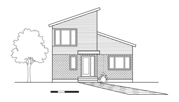 Modern split level house front elevation architectural CAD drawing featuring dual angled shed roofs brick base siding and stone paver walkway vector line art