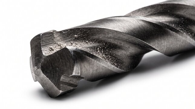 Close up masonry drill bit tip with concrete dust on white background, sharp spiral metal tool for construction drilling, ideal for industrial hardware catalog engineering DIY repair and building.