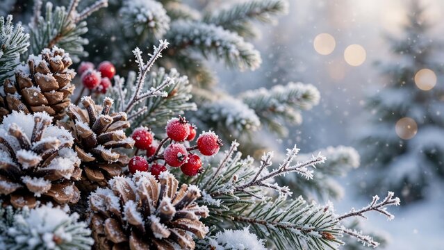 Festive winter background with snow covered pinecones red berries and frosted pine branches