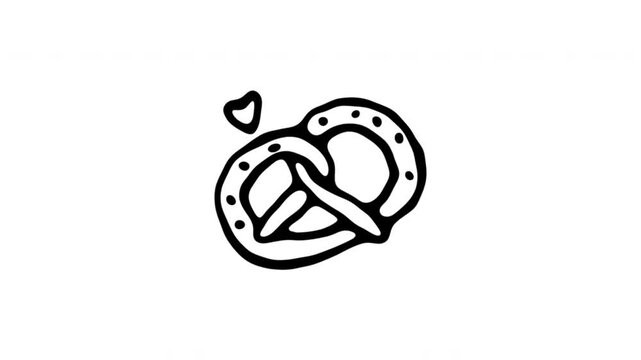 Pretzel For Snack Food And Bakery Promotion Doodle Animation With Alpha Channel. Salted Pretzel And German Cuisine Symbol. Animated Hand-Drawn Icon For Video Overlay 4K.