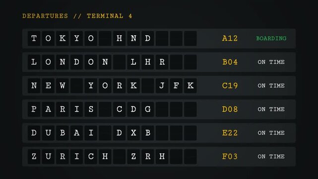 Airport split flap departure board mechanical flight schedule display 4K