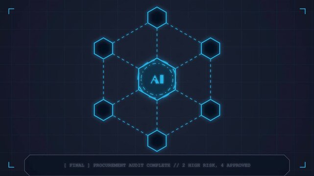 Hexagon Network Diagram In A Seamless Loop With Central AI Node Evaluating Supplier Risk Assessment And Procurement Review Audit On Dark Grid Background